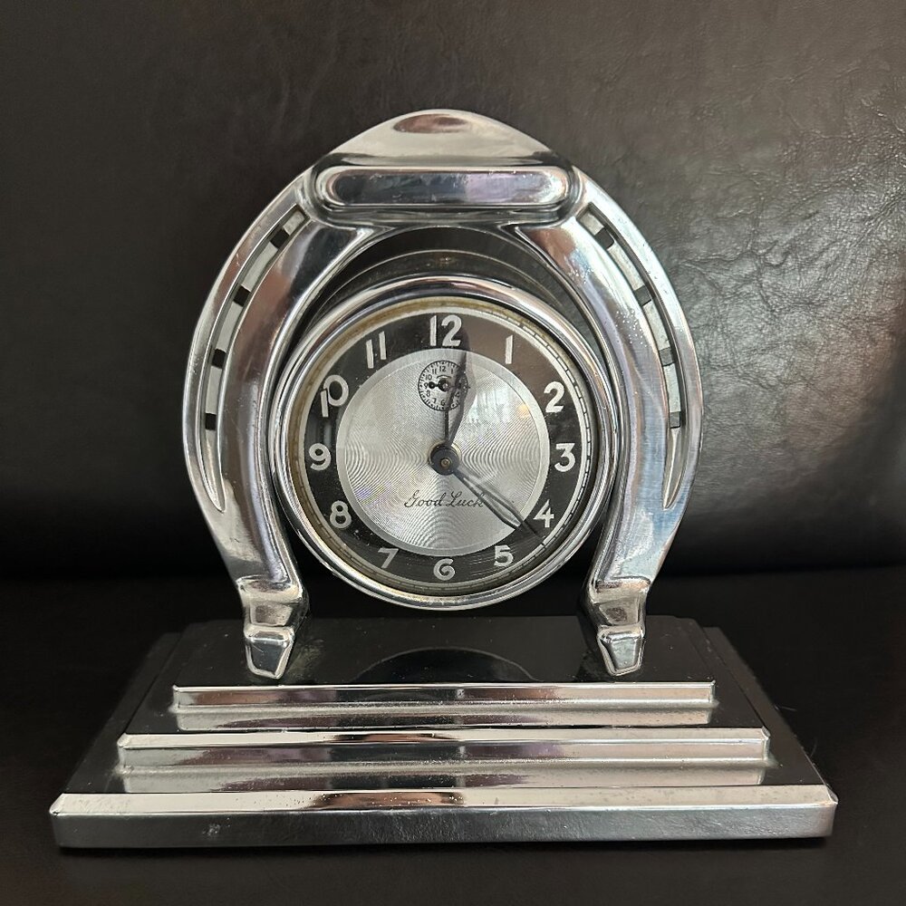 Art Deco 1930's Lux Clock "Good Luck" Horseshoe Chrome Mechanical Mantel Clock